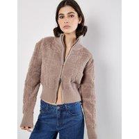 Apricot Women's Boucle Knit Cropped Zip Cardigan in Brown | Size: 14