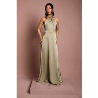 Coast Women's Honoured Twist Halterneck Satin Maxi Bridesmaid Dress in Olive | Size: 16