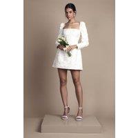 Coast Women's Long Sleeve Square Neck Jacquard Mini Wedding Dress with Bow Detail in White | Size: 14