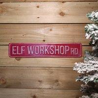 Samuel Alexander 50cm Red Metal Christmas Elf Workshop Road Sign Hanging Decoration