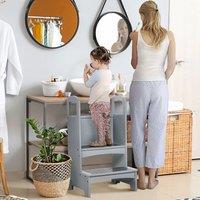 HOMCOM Kids Wooden 2-Step Stool Mini Ladder Assistance Unit w/ Non-Slip Panels Grey