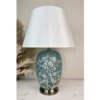 Downton Interiors Teal Green Blossom Ceramic Table Lamp with Plain Shade (G2122 Plain) | Size: Large