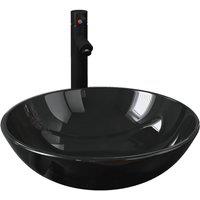 Berkfield Home Bathroom Sink with Tap & Push Drain Black Tempered Glass