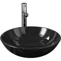 Berkfield Home Bathroom Sink with Tap & Push Drain Black Tempered Glass