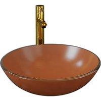 Berkfield Home Bathroom Sink with Tap & Push Drain Brown Tempered Glass
