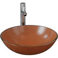 Berkfield Home Bathroom Sink with Tap & Push Drain Brown Tempered Glass