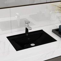Berkfield Home Ceramic Bathroom Sink Basin Faucet/Overflow Hole Black Rectangular