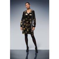 Wallis Women's Metallic Velvet V Neck Shift Dress in Black | Size: 18