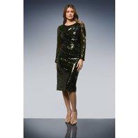 Wallis Women's Square Sequin Ruched Pencil Dress in Olive | Size: 20