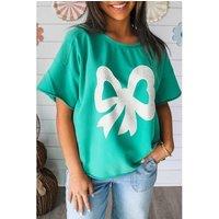 Everyday The Label Women's Sea Green Lace Bow Raw Edge Drop Shoulder Casual T-Shirt in Teal | Size: Medium