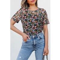Everyday The Label Women's Black Sheer Floral Mesh Round Neck T-Shirt | Size: Small