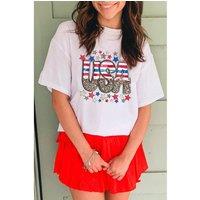 Everyday The Label Women's White Patriotic Star Leopard USA Letter Graphic T-Shirt | Size: 22