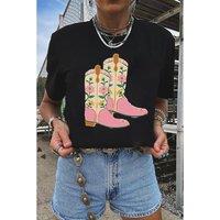 Everyday The Label Women's Black Floral Cowgirl Boots Cotton Blend T-Shirt | Size: Large