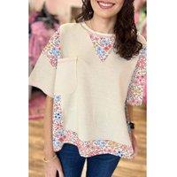 Everyday The Label Women's Beige Floral Patchwork Chest Pocket Wide Sleeve Waffle T-Shirt | Size: Small