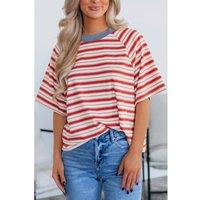 Everyday The Label Women's Tomato Red Stripe Print Contrast Collar Raglan Sleeve T-Shirt | Size: Large
