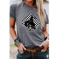 Everyday The Label Women's Gray Redeo Check Spades Western Graphic T-Shirt in Grey | Size: Large