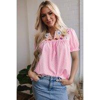 Everyday The Label Women's Pink Floral Embroidered Puff Sleeve Notched V Neck Blouse | Size: Medium