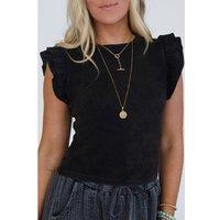 Everyday The Label Women's Black Ruffled Crew Neck Slim Fit Top | Size: Large
