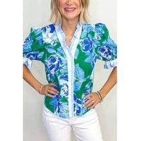 Everyday The Label Women's Bright Green Floral Frilled V Neck Short Sleeve Blouse Top Blouses | Size: XL