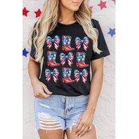Everyday The Label Women's Black Stars & Stripes Bowknot Cowgirl Boots Graphic Patriotic Tee | Size: XL