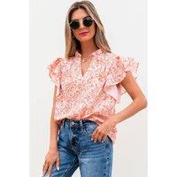 Everyday The Label Women's Orange Floral Ruffle Sleeve Split Neck Blouse Blouses | Size: Large