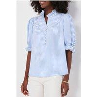 Everyday The Label Women's Sky Blue Stripe Ruffled Collar Puff Sleeve Half Buttons Blouse | Size: Medium