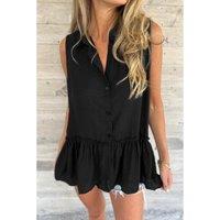 Everyday The Label Women's Black Sleeveless Buttoned Front Ruffle Hem Tunic Shirt Tops | Size: Medium