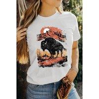 Everyday The Label Women's White Western Buffalo On Plains Graphic Crew Neck Tee | Size: Medium