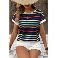 Everyday The Label Women's Black Stripe Multicolor Contrast Edge Crew Neck T-Shirt | Size: Small
