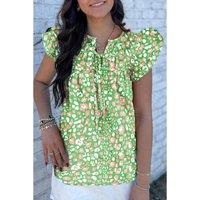 Everyday The Label Women's Green Abstract Leopard Tied Front Flutter Sleeve Blouse Blouses | Size: XL