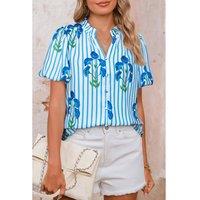 Everyday The Label Women's Sky Blue Stripe Floral Buttoned Frilly Notched Neck Puff Sleeve Summer | Size: Large