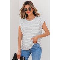 Everyday The Label Women's White Stripe Cap Sleeve Crew Neck Casual Tee with Chest Pocket | Size: Large