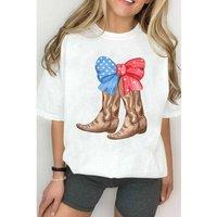 Everyday The Label Women's White Patriotic Bow Cowgirl Boots Printed Cotton Blend T-Shirt | Size: 22