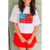Everyday The Label Women's White Leopard Insert American Flag Pattern Cotton Blend T-Shirt | Size: 22