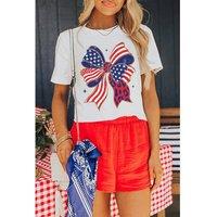 Everyday The Label Women's White Stars & Stripes Bow Print 4th of July T-Shirt | Size: Small