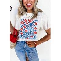 Everyday The Label Women's White Floral Western Boots Printed Cotton Blend T-Shirt | Size: Large