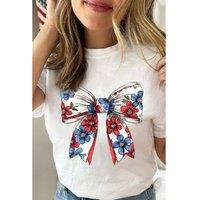 Everyday The Label Women's White July 4th Flower Bowknot Print Crew Neck T-Shirt | Size: Small