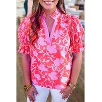 Everyday The Label Women's Red Floral Split V Neck Ruffled Short Sleeve Blouse Top | Size: Small