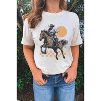 Everyday The Label Women's White Sunset Cowboy Print Western Fashion T-Shirt | Size: Large
