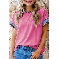 Everyday The Label Women's Bonbon Leopard Patchwork Corded Knit Crew Neck T-Shirt in Bright Pink | Size: Small