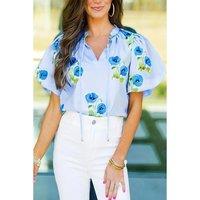 Everyday The Label Women's Sky Blue Floral Print Tie Split Neck Short Puff Sleeve Blouse in Pale Blue | Size: XL
