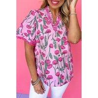 Everyday The Label Women's Pink Floral Lace Detail Frilled V Neck Summer Blouse Blouses | Size: Medium