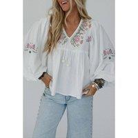Everyday The Label Women's White Flower Lace-up V Neck Babydoll Blouse Blouses | Size: Small