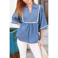 Everyday The Label Women's Dusk Blue Lace Ric Rac 3/4 Puff Sleeve Collared Babydoll Blouse | Size: Small