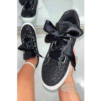 Love Lemonade Women's Sparkly Glitter Ribbon Lace Trainers in Black | Size: 6