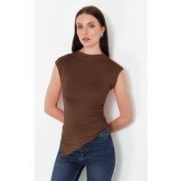 HOXTON GAL Women's Sleeveless High Neck Fitted Knit Top with Ruched Detail in Brown | Size: XS