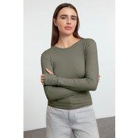 HOXTON GAL Women's Viscose Long Sleeve Knit Top with Thumbhole Detail in Khaki | Size: Small