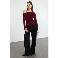 HOXTON GAL Women's Off Shoulder Draped Long Sleeve Fitted Knit Top in Burgundy | Size: Small