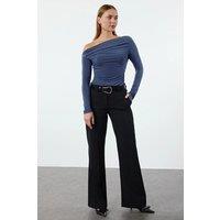 HOXTON GAL Women's Off Shoulder Draped Long Sleeve Fitted Knit Top in Indigo | Size: Small