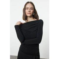 HOXTON GAL Women's Off Shoulder Draped Long Sleeve Fitted Knit Top in Black | Size: Large